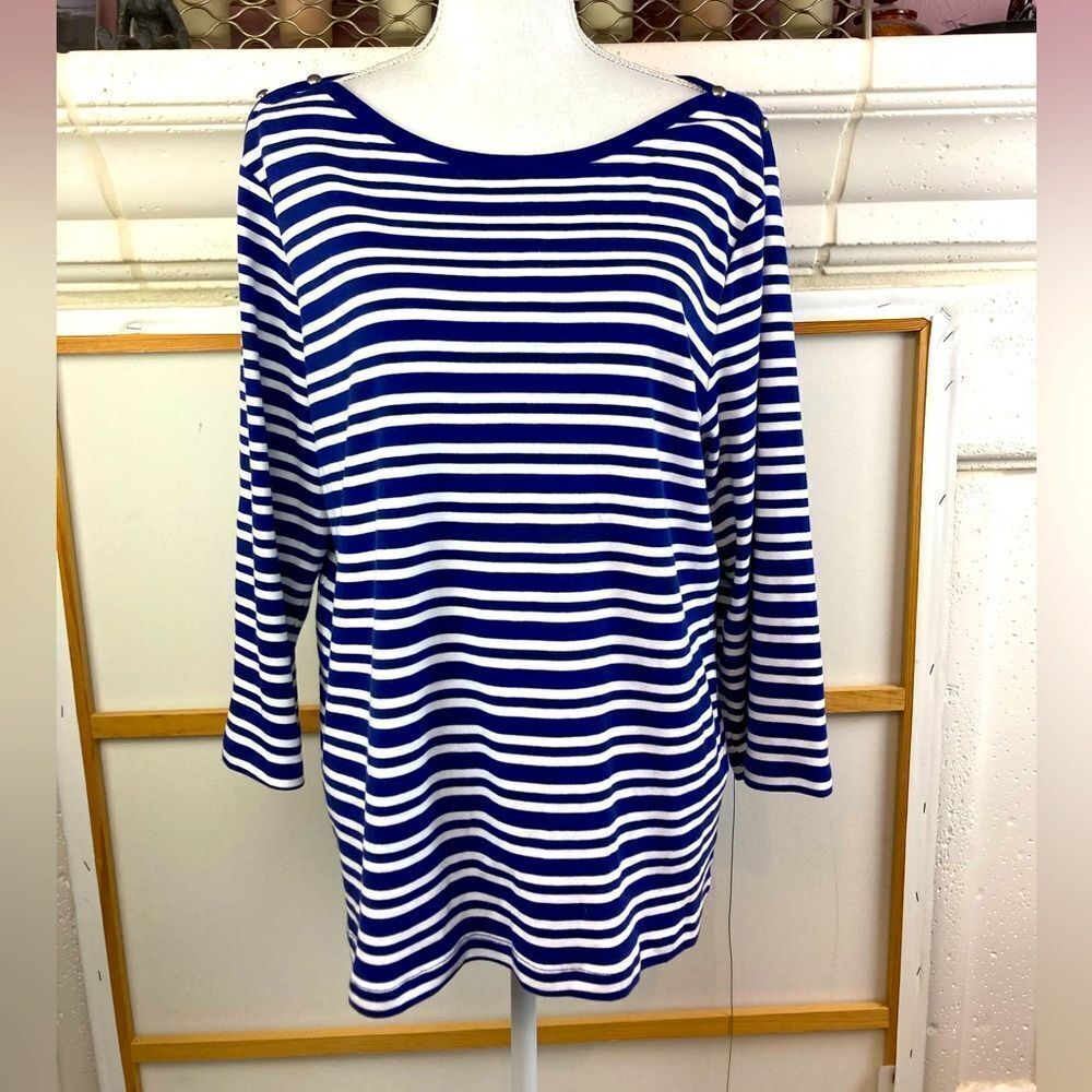 Chicos NWOT boat neck sapphire blue and white nautical top w/ studs on shoulders